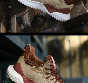Primer plano de zapatos de seguridad ligeros y transpirables con punta de acero.