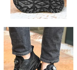 Close-up of EVA outsole texture and rotating buckle system on black safety shoes.