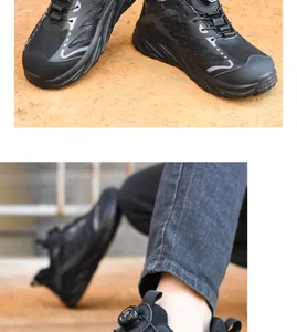 Detail view of black safety shoes with breathable mesh and rotary buckle system