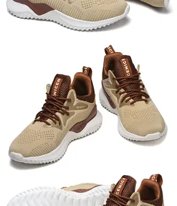 Zapatos de seguridad caqui transpirables con parte superior tejida y suela blanca ondulada