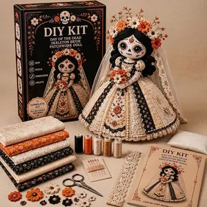 Uitgebreide DIY-kit voor Dag van de Doden skeletbruid patchwork pop met stoffen.