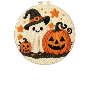 Handmade Halloween ghost and pumpkin embroidery craft kit with wooden hoop