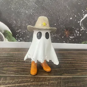 Resin cowboy ghost figurine wearing a star hat and boots for Halloween home decor