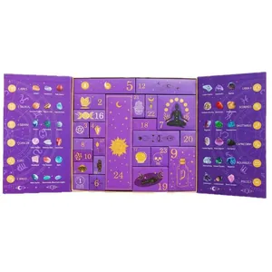 Mystical purple Halloween advent calendar box featuring 24 natural crystals and zodiac signs