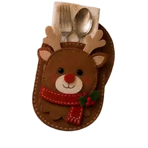 Festive Christmas reindeer felt cutlery holder with stainless steel fork and spoon set