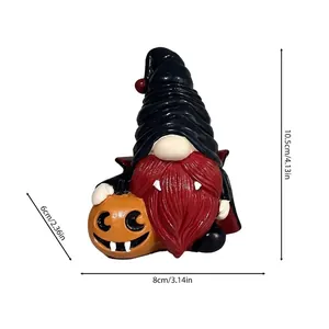 Detailed macro view of Halloween gnome figurine with red beard and pumpkin dimensions