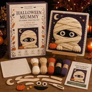 Detailed view of the Halloween mummy 3D fabric weaving kit with yarn and instructions