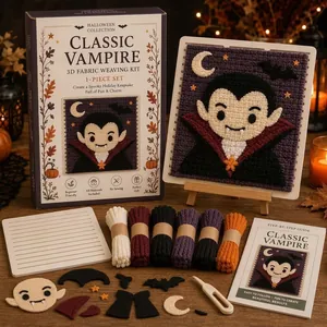 Detailed view of Halloween DIY 3D fabric weaving kit with vampire design and tools.