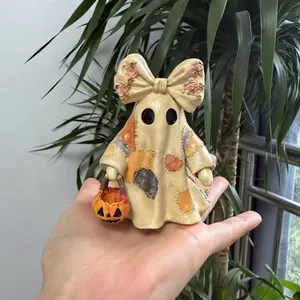 Decorazione di Halloween Statuetta in Resina Fantasma Patchwork Con Fiocco Rosa Jack-O-Lantern Per La Casa