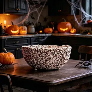 Vista dettagliata di una ciotola decorativa a teschio in resina per il tavolo Halloween