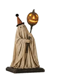 Figurine de fantôme vintage lumineuse avec bâton de citrouille pour déco Halloween