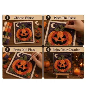 Halloween DIY no-sew punch needle embroidery kit with 4-step pumpkin tutorial guide