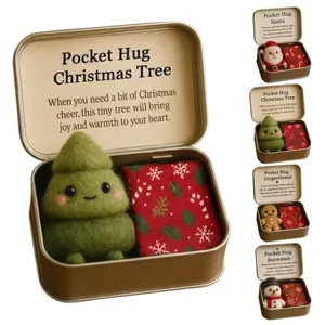 Detail view of various Christmas Pocket Hug tin box gift sets with felt figures