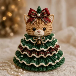 Adorabile gatto all'uncinetto vestito da albero di Natale con perle e campanellini