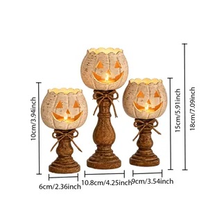 Vista dettagliata con dimensioni del set di portacandele a zucca bianca rustica