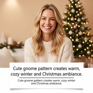 Smiling woman in cozy sweater enjoying warm festive Christmas tree atmosphere at home.