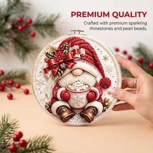 Detailed close-up of Christmas gnome diamond art featuring sparkling rhinestones and pearls.