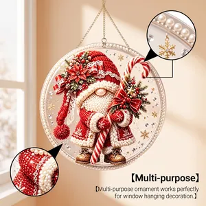 Detail view of Christmas gnome diamond art ornament with pearl trim for window hanging.