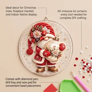 Detailed view of DIY Christmas gnome diamond art kit with tools, beads and ornament