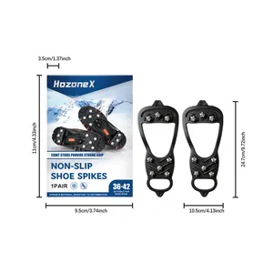 Detailed view of HozoneX 8-stud non-slip shoe spikes including product dimensions and packaging