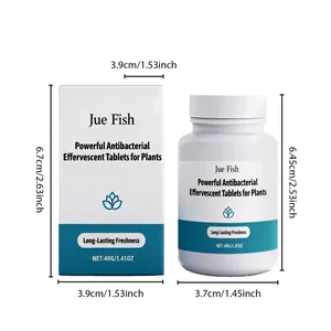 Detailoverzicht van Jue Fish plantentabletten met afmetingen van fles en doos