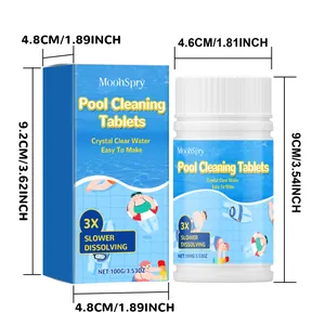 Dimensiones detalladas de las tabletas MoonSpry para limpieza de piscinas en cm y pulgadas