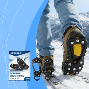 Close-up of HozoneX non-slip shoe spikes with 8 studs for snow and ice.