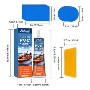 Detailed dimensions of Stilruhe pool repair kit including adhesive glue, patches, and scraper.