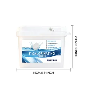 Gedetailleerd overzicht van de afmetingen van een emmer chloortabletten van 5 lb en 11 stuks