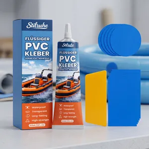 Comprehensive pool repair kit with liquid PVC adhesive, blue patches, and scraper tool