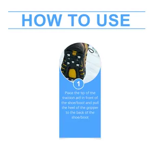 Detailed instruction guide showing how to attach outdoor ice cleats to hiking boots.