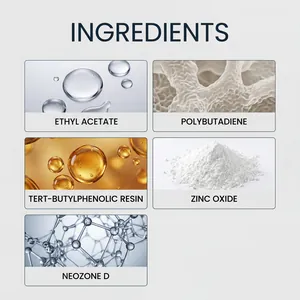 Ingredients of the pool repair kit: ethyl acetate, polybutadiene, and zinc oxide shown clearly.