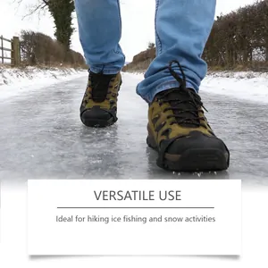 Close-up action shot of durable ice cleats for safe hiking on slippery frozen paths