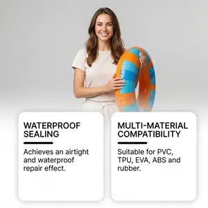 Detail view of waterproof repair effect on a colorful swimming ring held by a model.