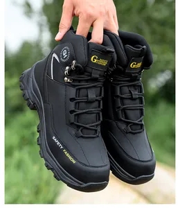 Detailed view of black men's steel toe safety boots with durable puncture-proof soles.