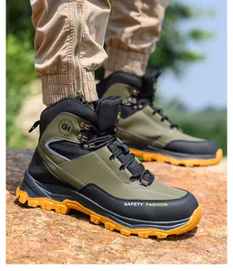 Close-up of durable men's olive green steel toe safety shoes for outdoor industrial work environments