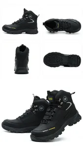 Multiple views of men's black safety work boots with steel toe protection