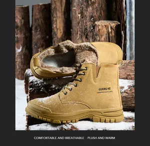Close-up of men's high-top safety work boots with warm plush lining for winter