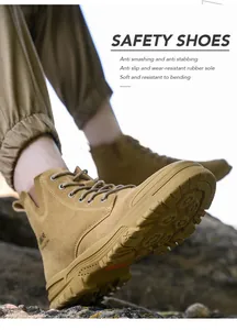 Macro detail of camel-colored safety shoes highlighting the thick anti-slip rubber sole