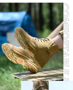 Close-up detail of tan high-top safety work boots with durable anti-slip rubber soles