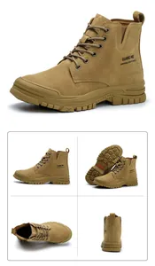 Detailed multi-angle views of professional khaki high-top steel toe safety work boots for men.