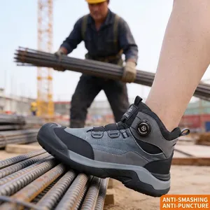 High-top men's safety boots with dial lacing system and steel toe for construction work.