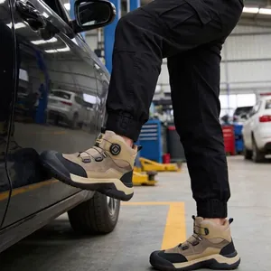 Men Rotary Buckle Safety Shoes Steel Toe Anti-Smashing Anti-Puncture High-Top Microfiber Leather Work Boots Non-Slip Industrial Safety Footwear