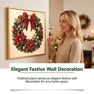 Detailed close-up of a 5D acrylic pearl wreath painting displayed in a festive room