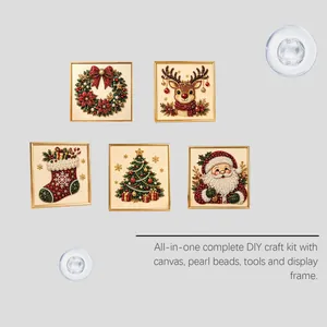 Detail of 5D DIY Christmas pearl painting kit with Santa and reindeer designs.
