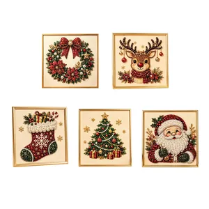 Set of five 5D Christmas diamond pearl paintings with Santa and reindeer motifs