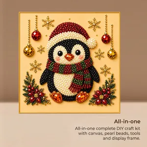 Complete DIY Christmas pearl bead art kit with penguin design and gold frame
