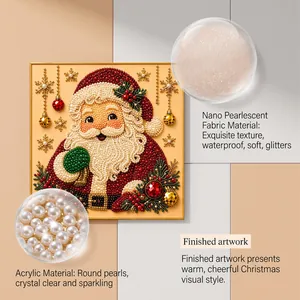 Detail of 3D Santa Christmas art set showing sparkling acrylic pearls and fabric texture.