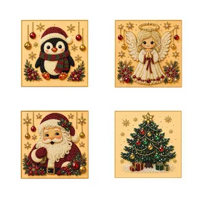 Set of 4 Christmas 3D textured art paintings with penguin, angel, Santa and tree