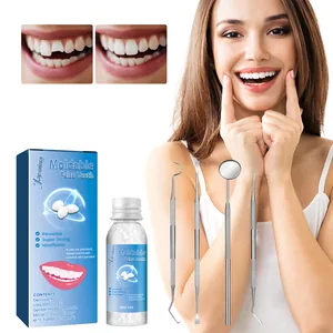 Complete tooth repair kit with moldable beads, dental tools, and visible before/after results.